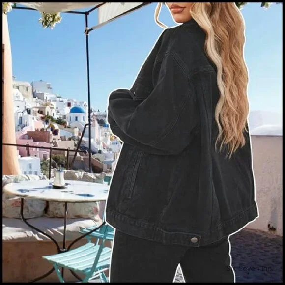 Distressed Oversized Denim Trucker Jacket Women's Long Sleeve Button Up - Picture 6 of 8